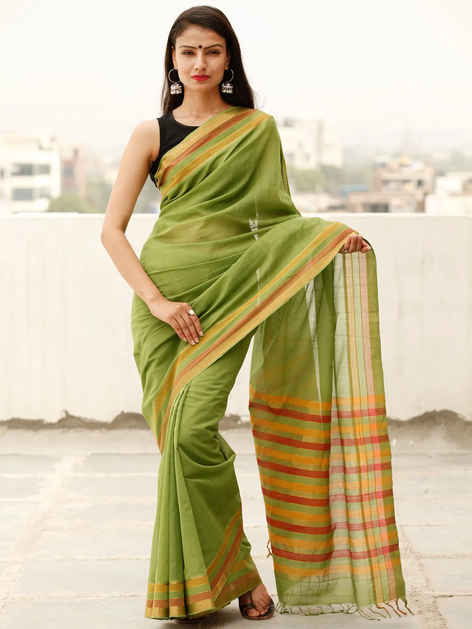 Green Orange Pink Handloom Mangalagiri Cotton Saree With Zari Border - S031703864