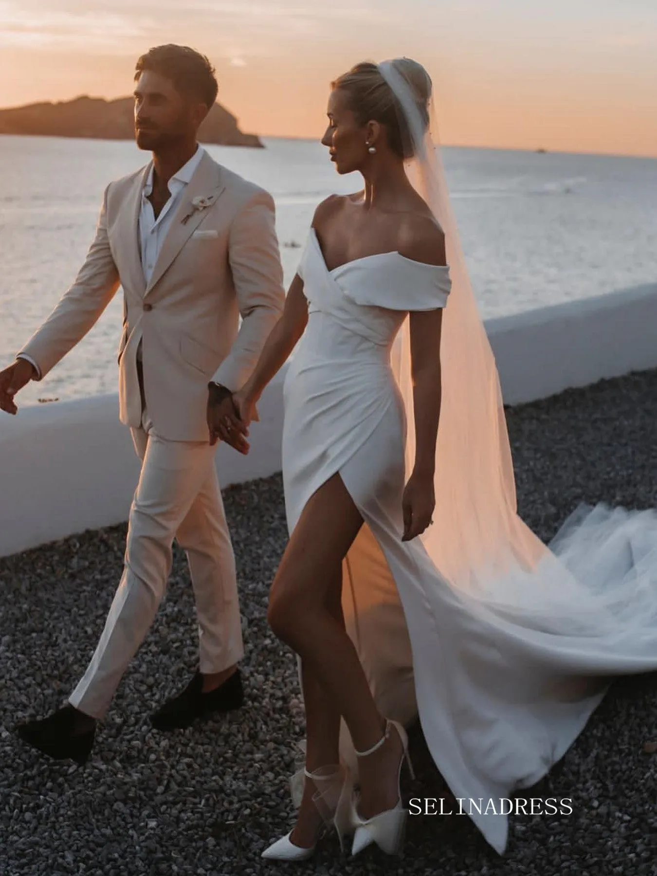 High Split Meramid Satin White Wedding Dresses Beautiful Bridal Gowns LKO001