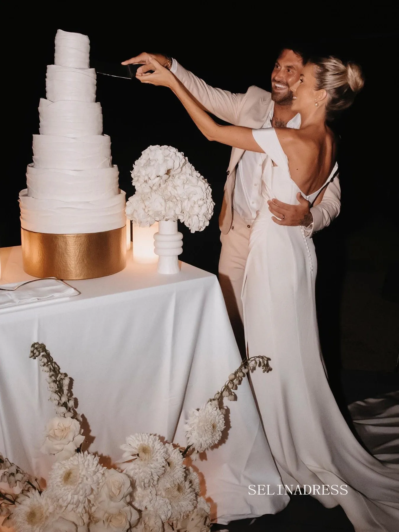 High Split Meramid Satin White Wedding Dresses Beautiful Bridal Gowns LKO001