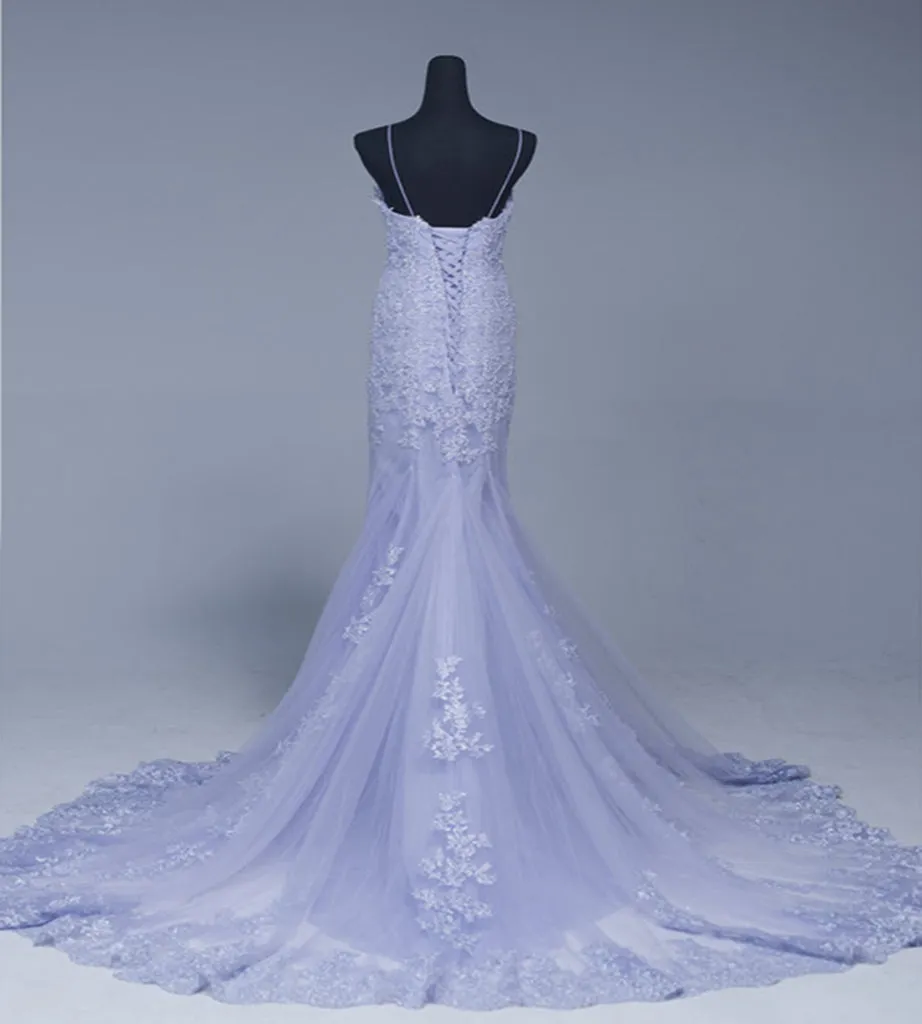 Lavener Tulle with Lace Sheath Spaghetti Straps Evening Dresses Long Prom Dresses