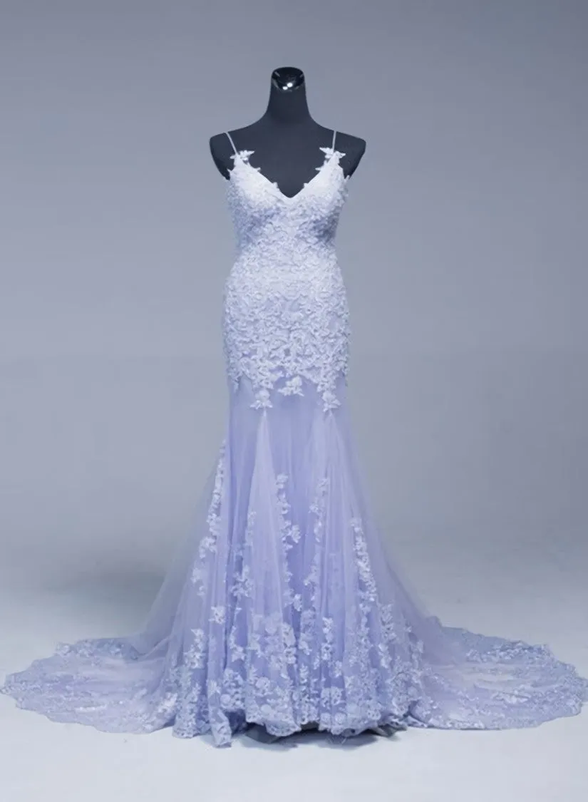 Lavener Tulle with Lace Sheath Spaghetti Straps Evening Dresses Long Prom Dresses