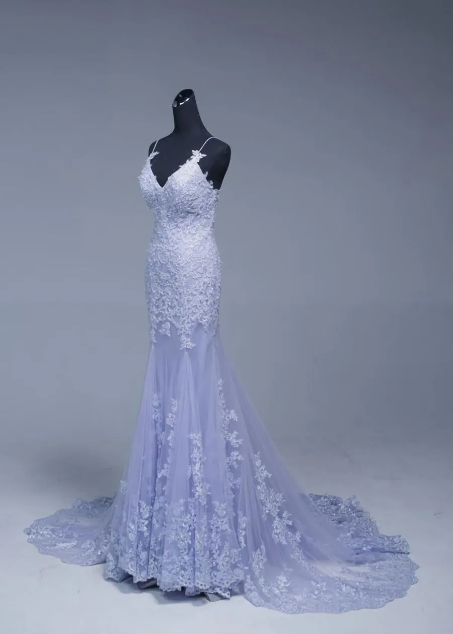Lavener Tulle with Lace Sheath Spaghetti Straps Evening Dresses Long Prom Dresses