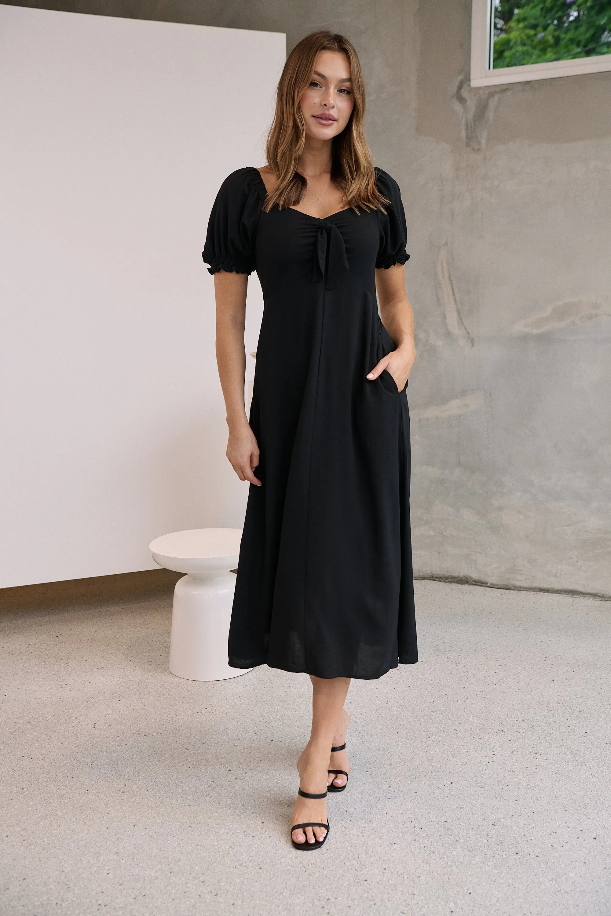 Lulu Tie Front Black Midi Dress