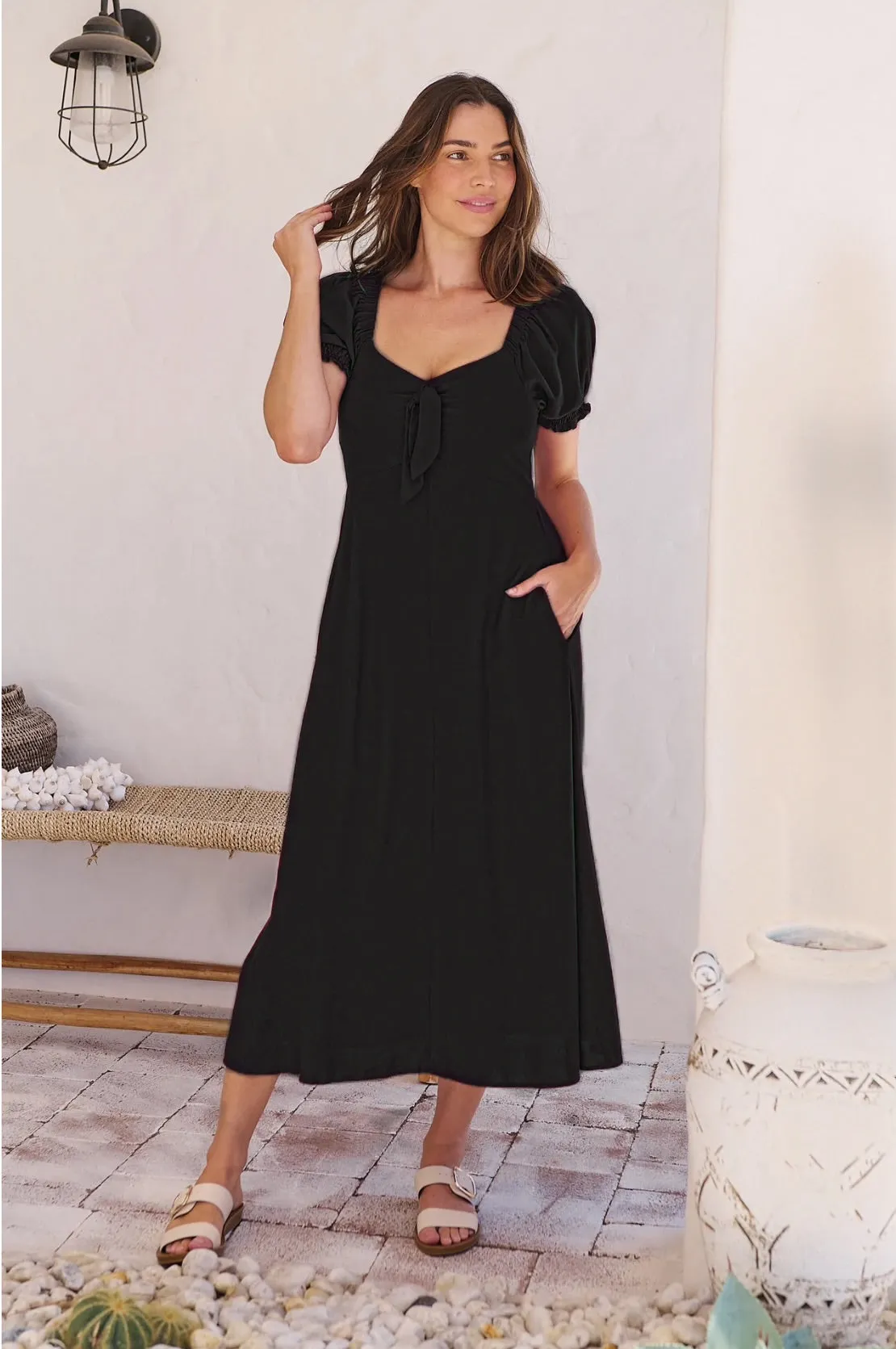 Lulu Tie Front Black Midi Dress