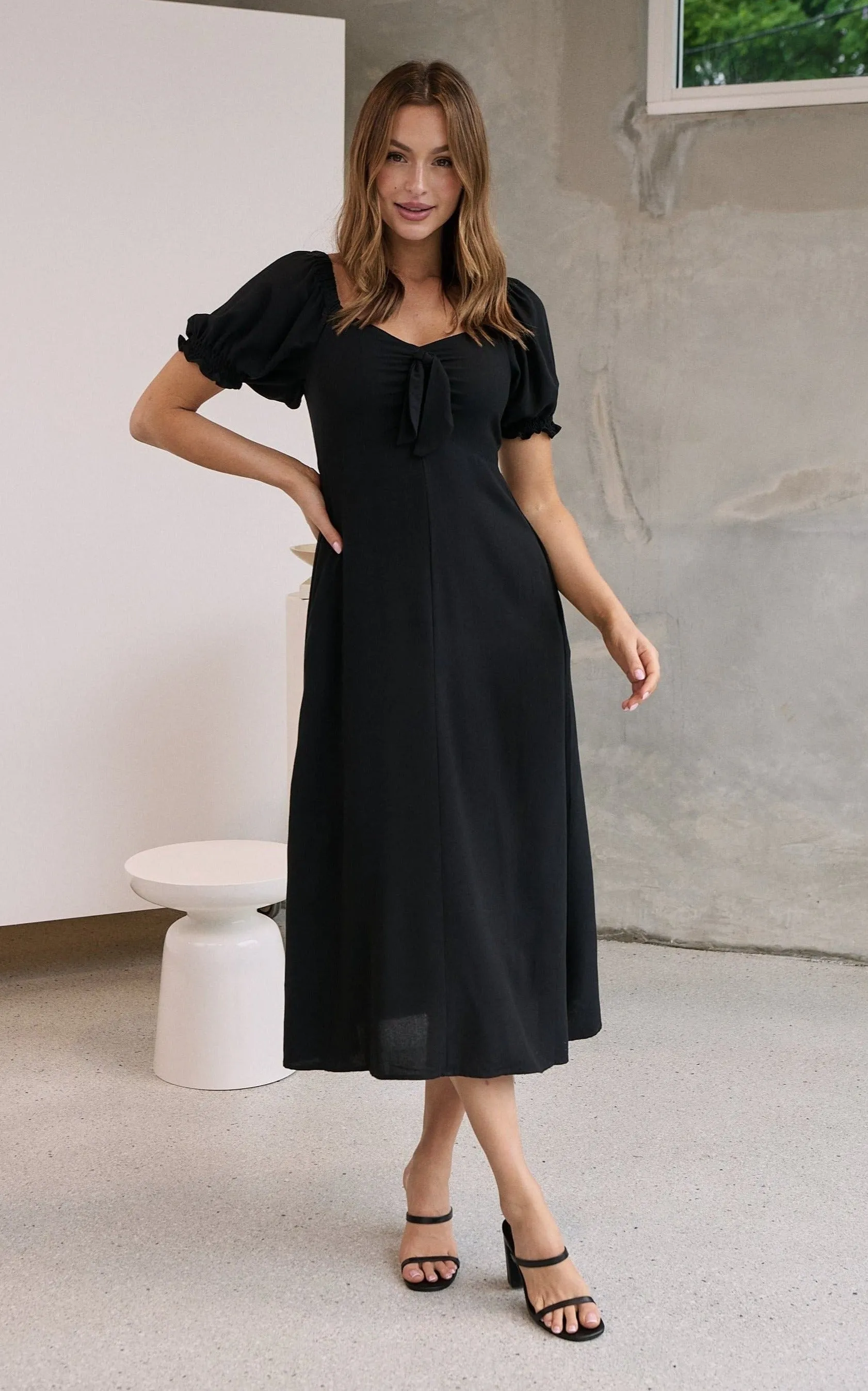 Lulu Tie Front Black Midi Dress