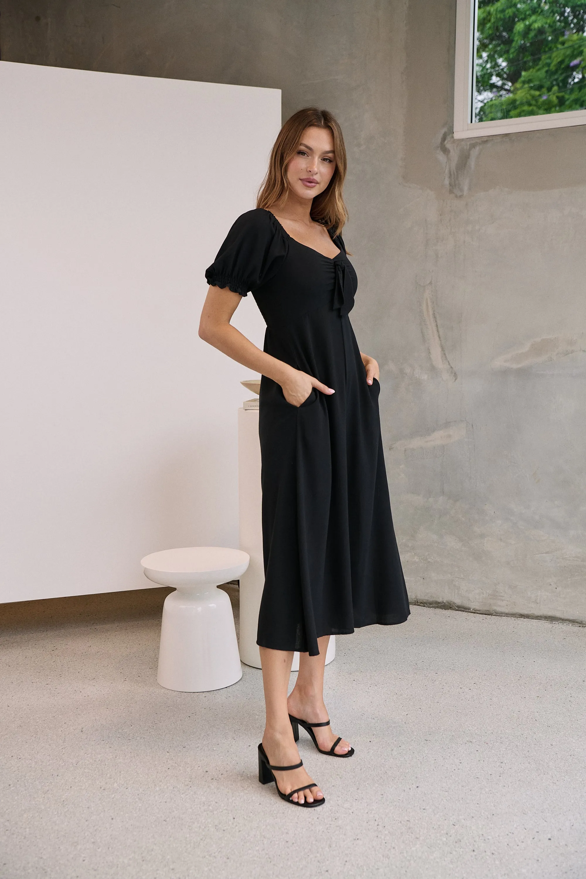 Lulu Tie Front Black Midi Dress