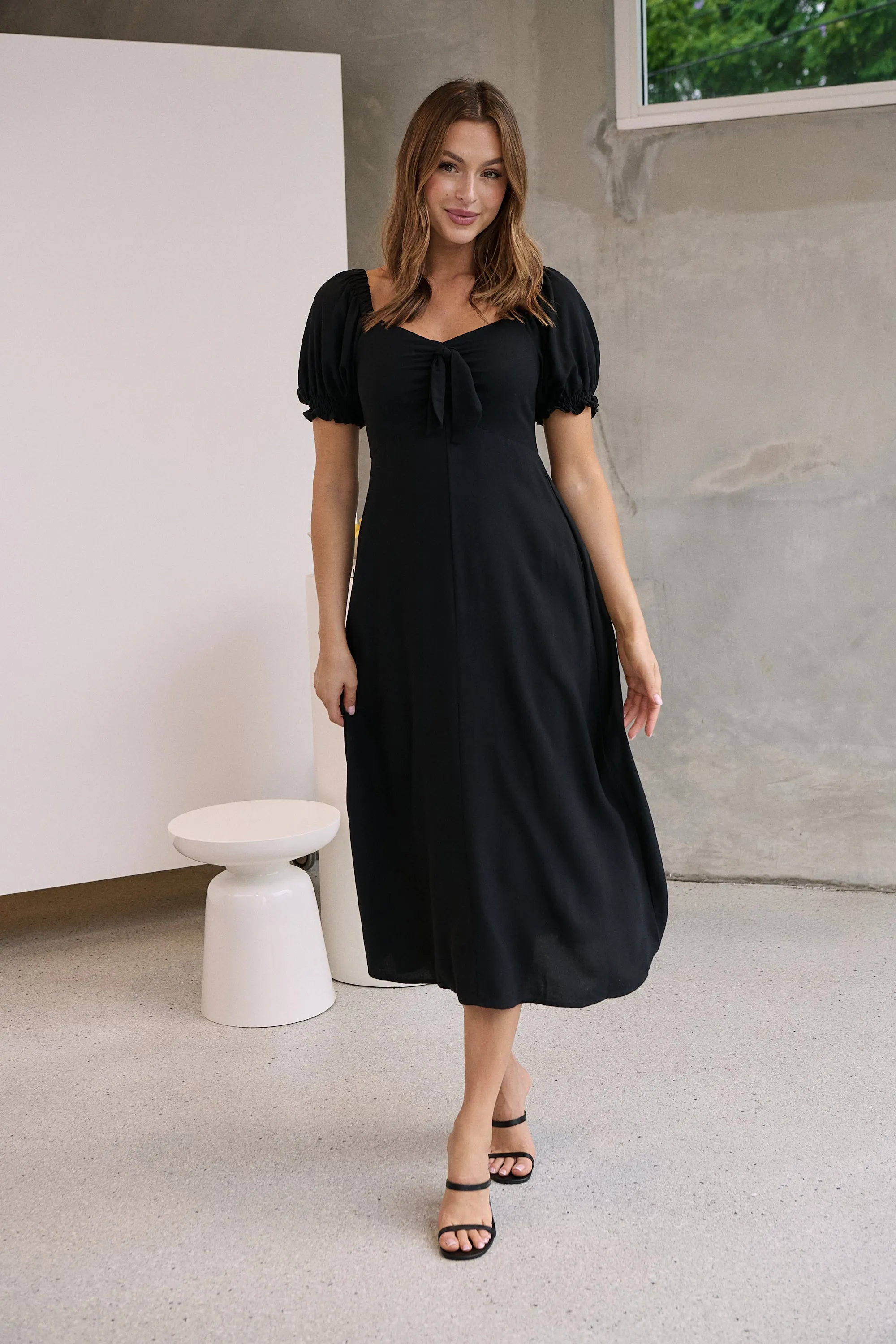 Lulu Tie Front Black Midi Dress