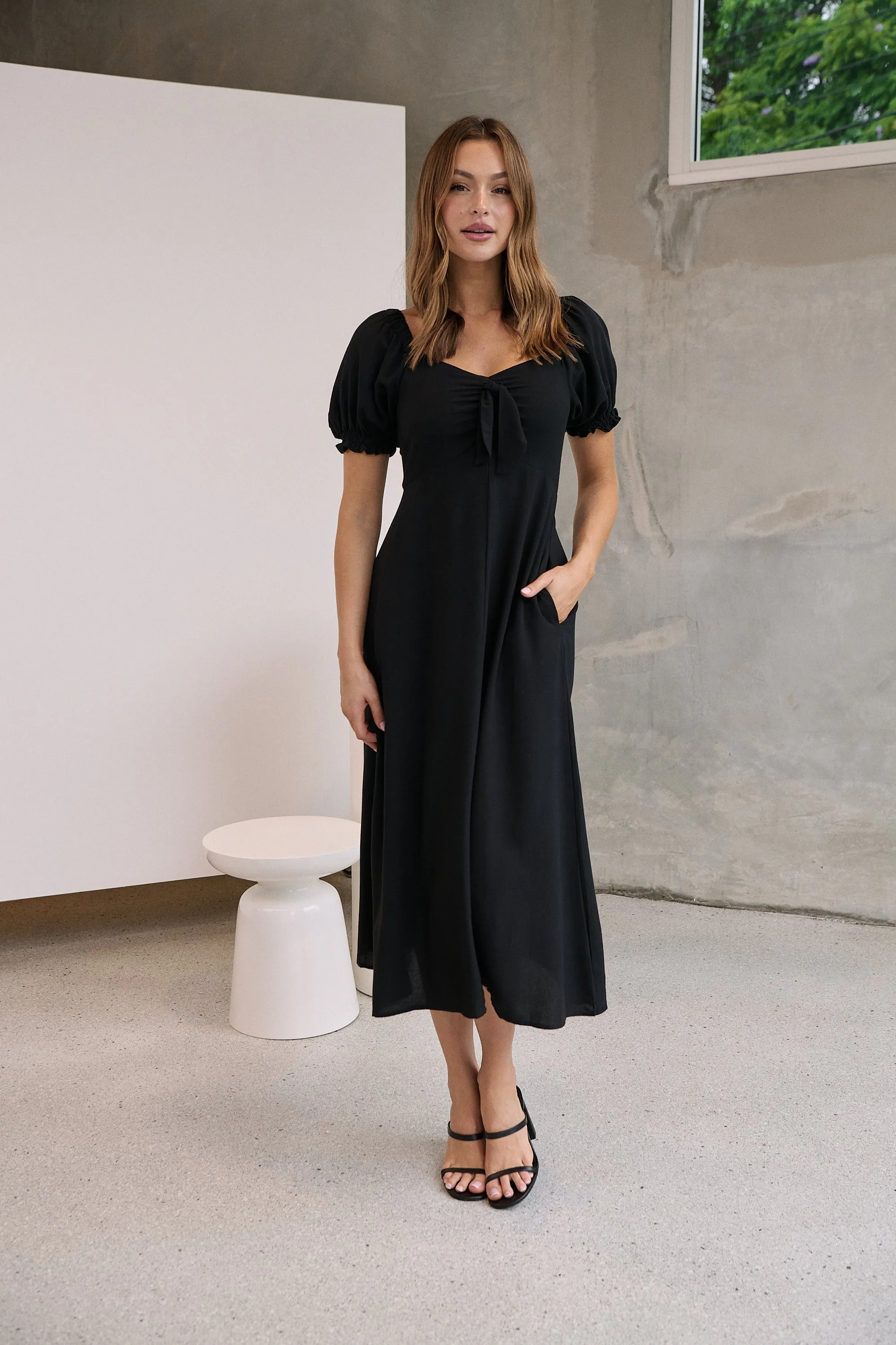 Lulu Tie Front Black Midi Dress