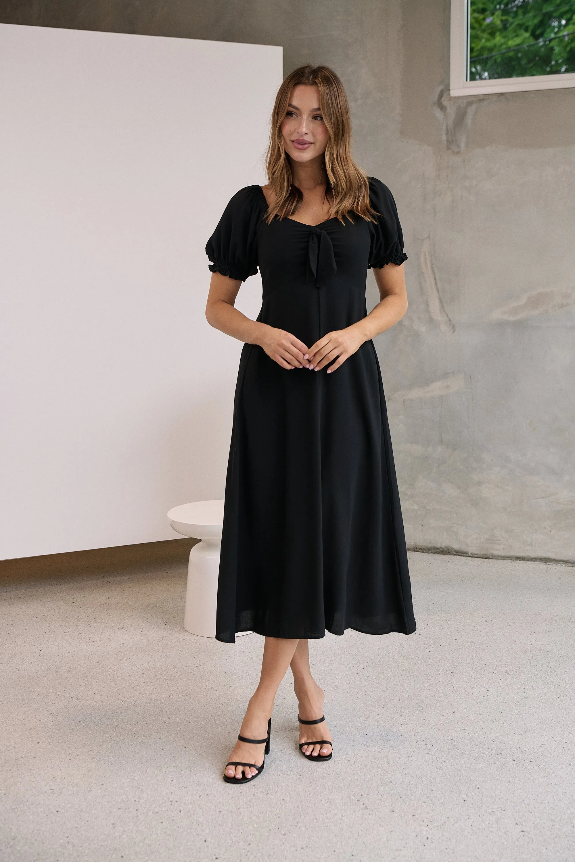 Lulu Tie Front Black Midi Dress