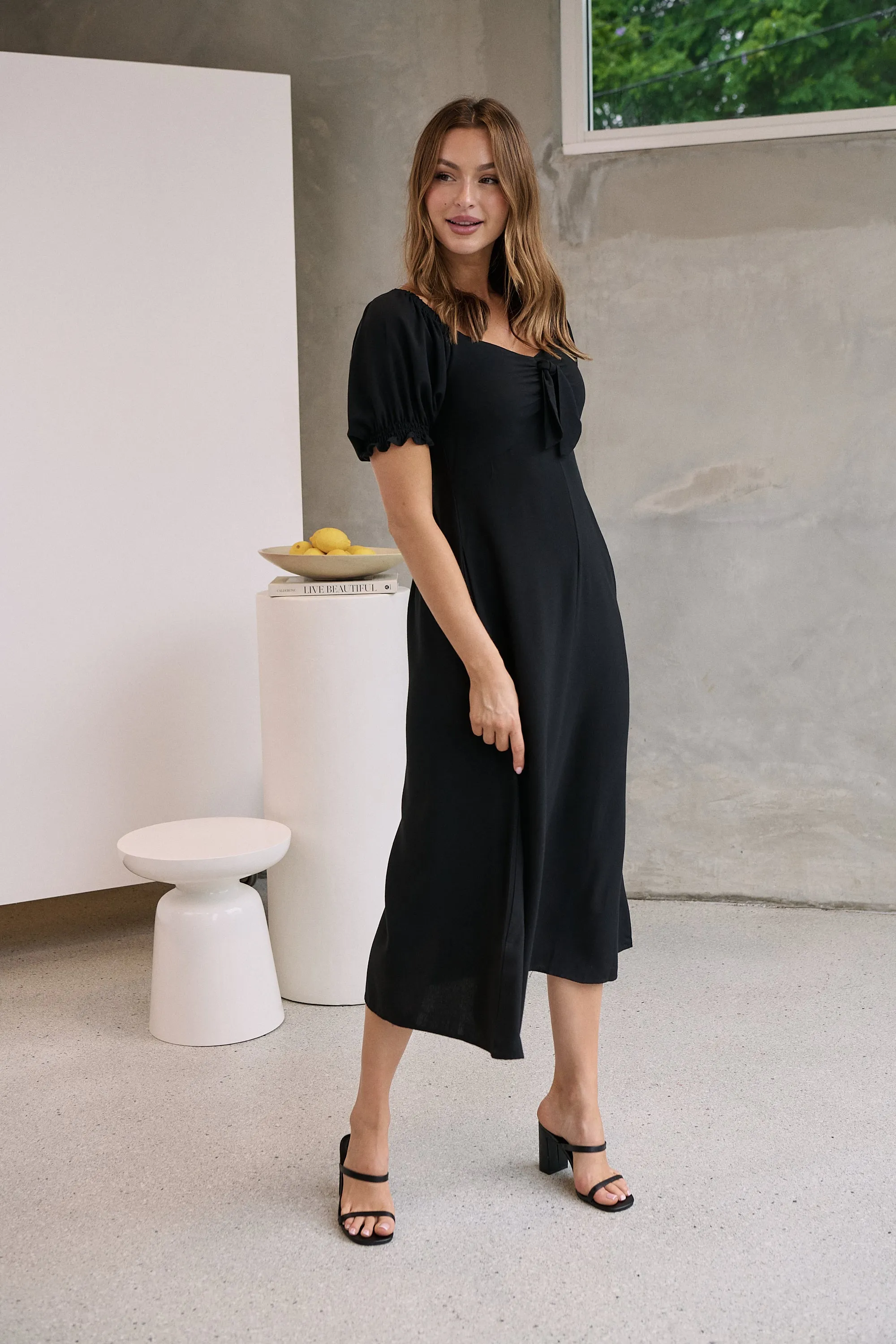 Lulu Tie Front Black Midi Dress