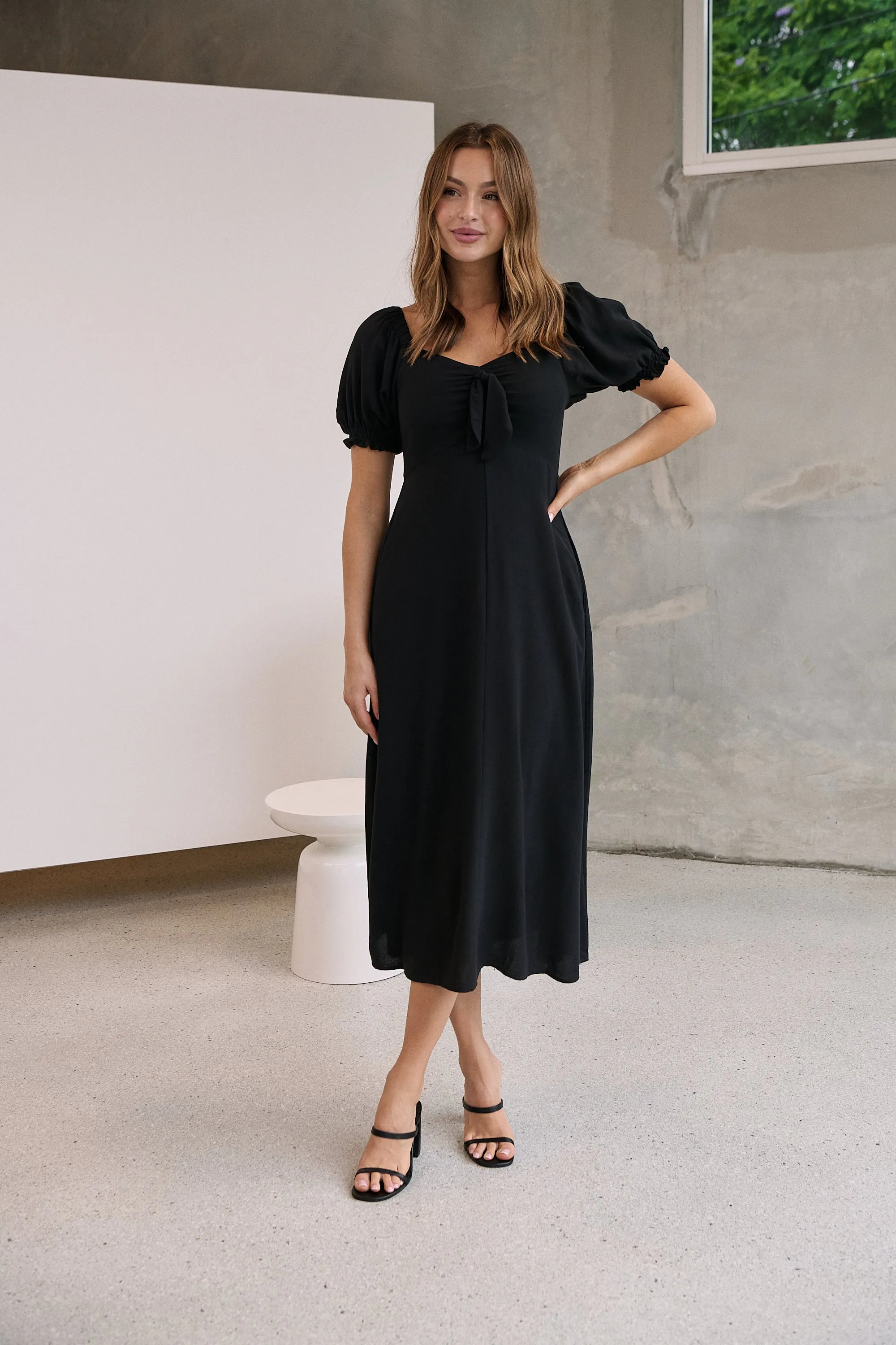 Lulu Tie Front Black Midi Dress