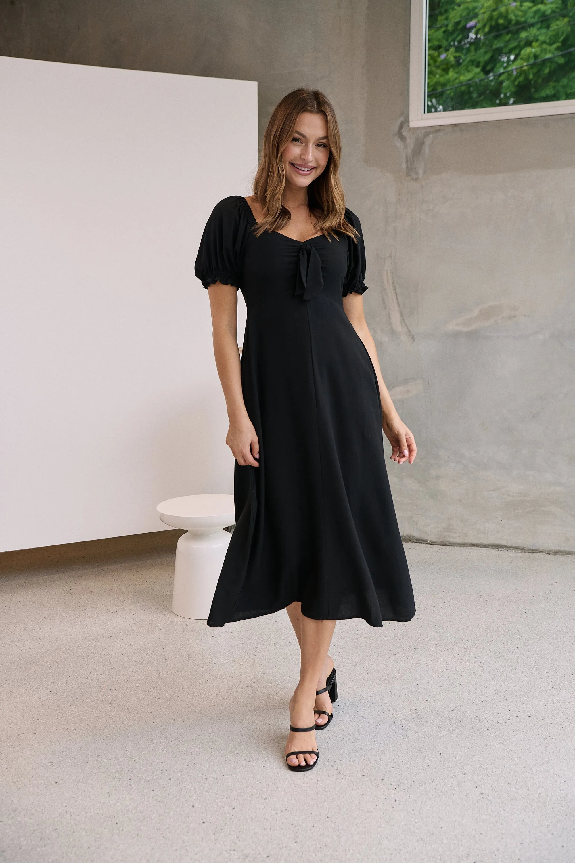 Lulu Tie Front Black Midi Dress