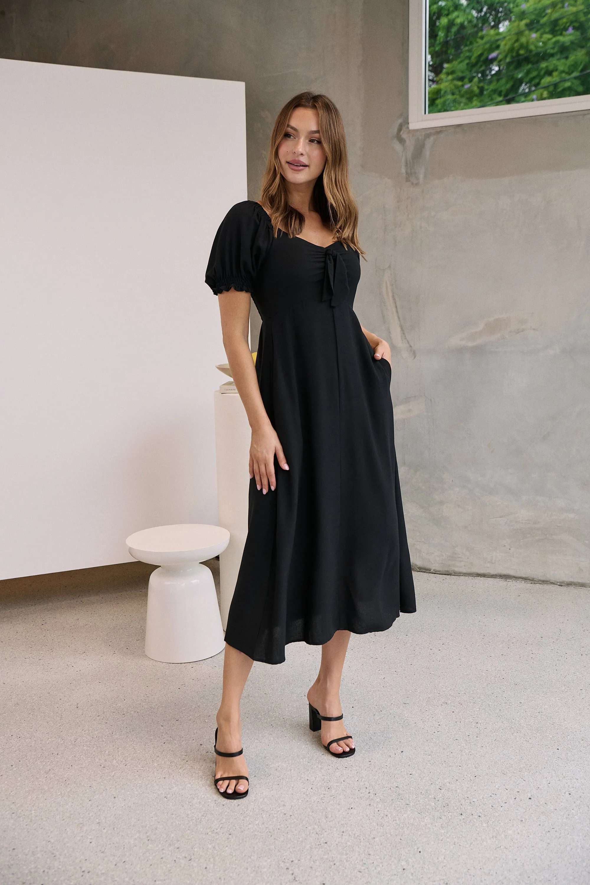 Lulu Tie Front Black Midi Dress