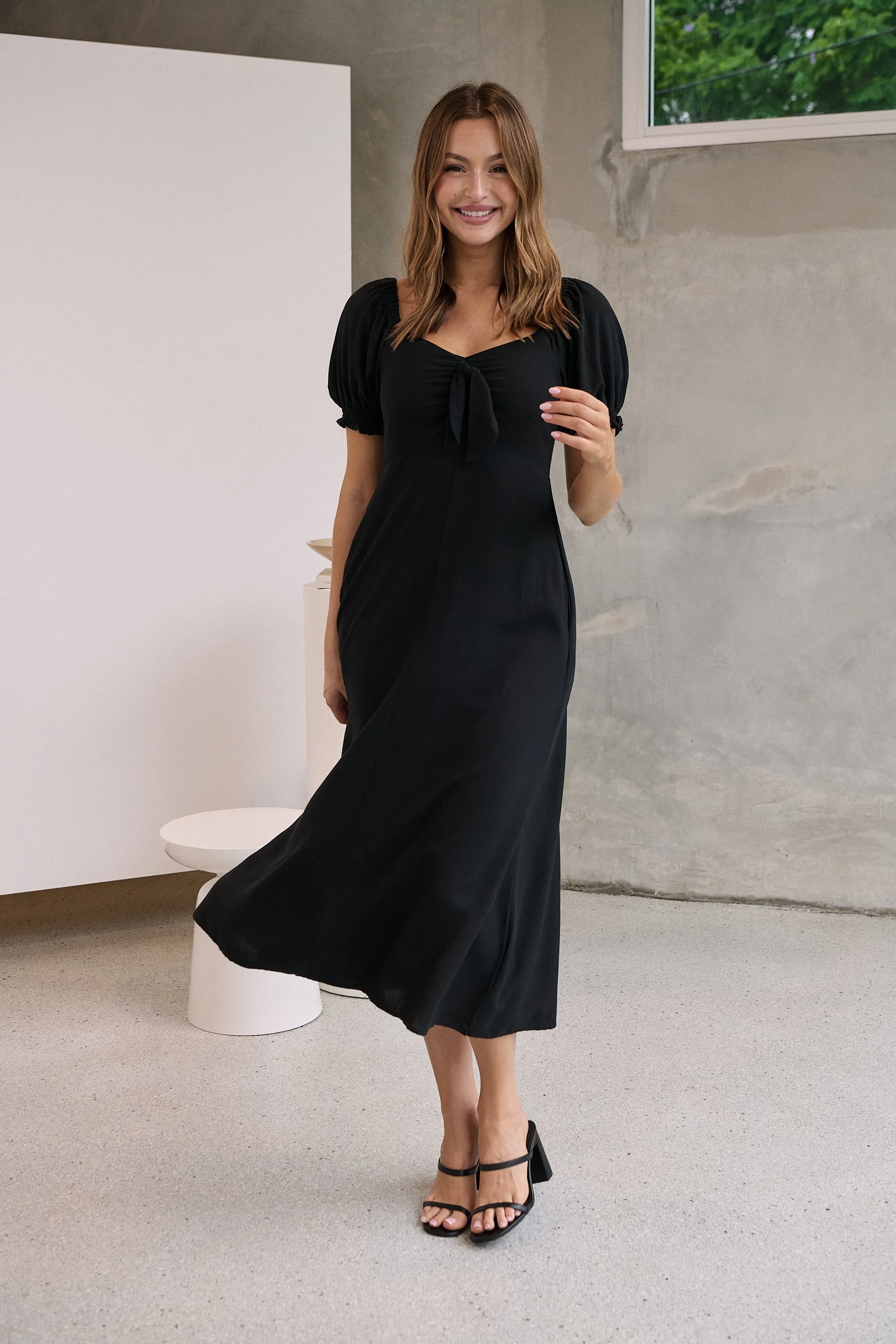 Lulu Tie Front Black Midi Dress