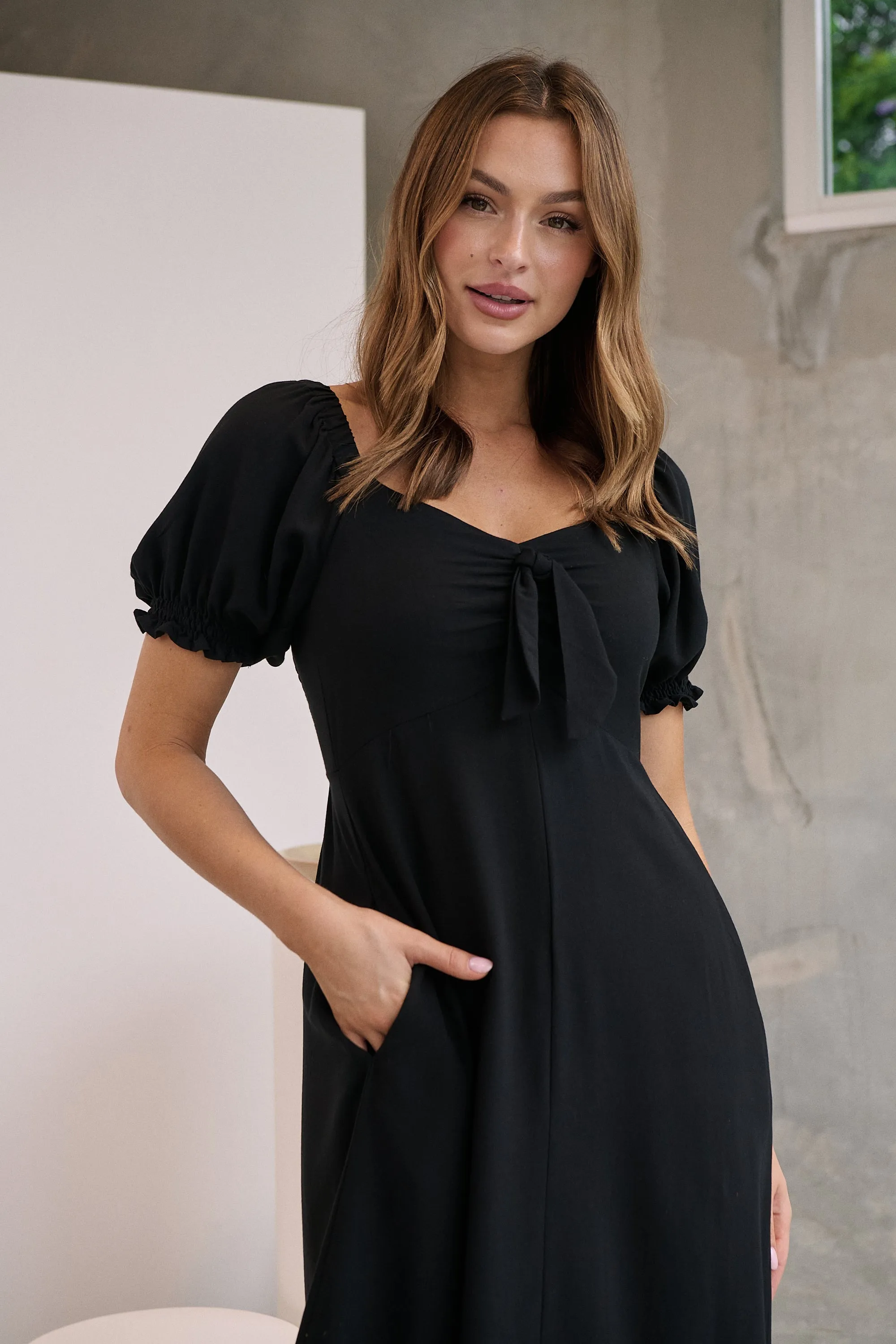 Lulu Tie Front Black Midi Dress