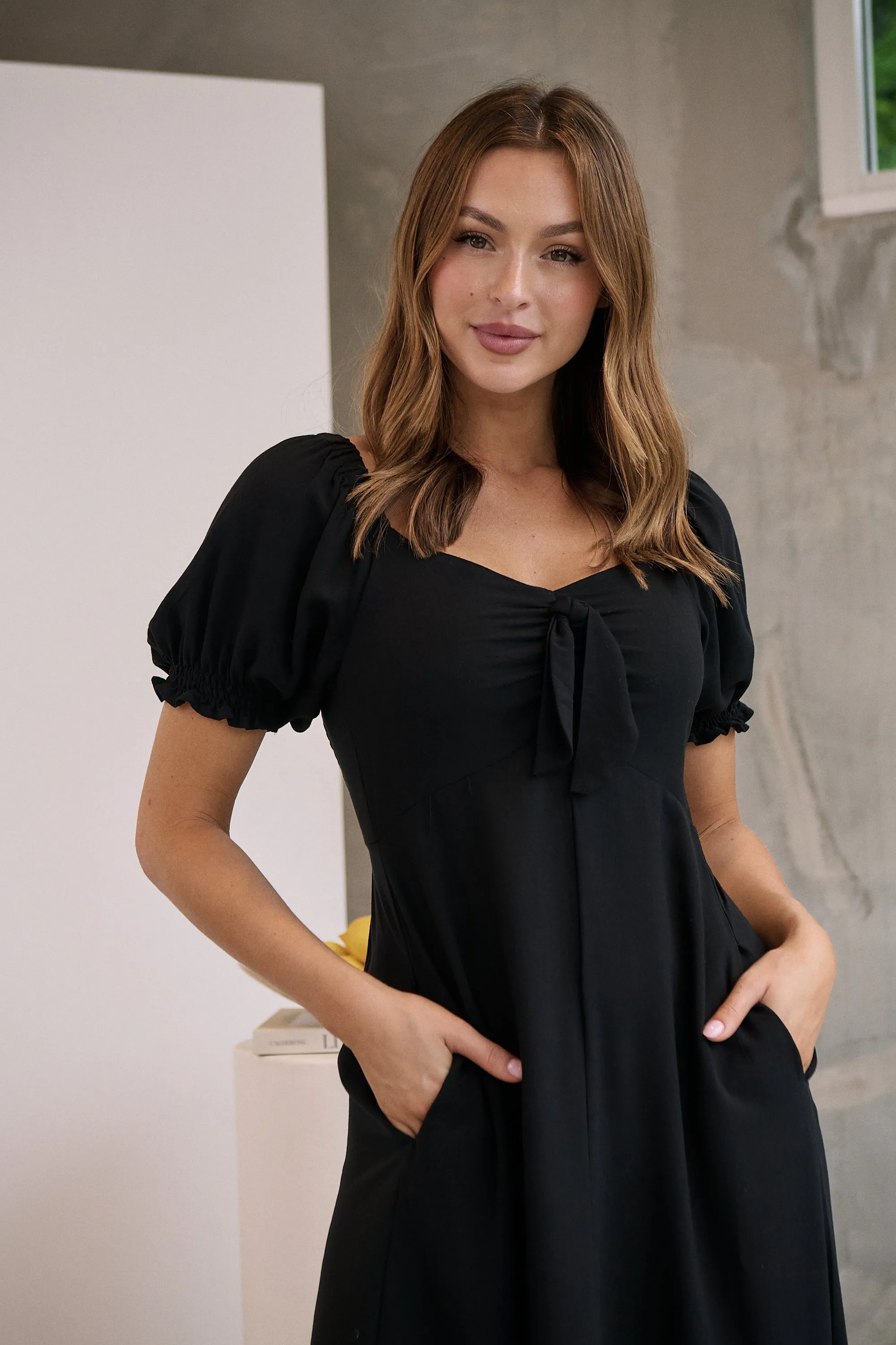 Lulu Tie Front Black Midi Dress