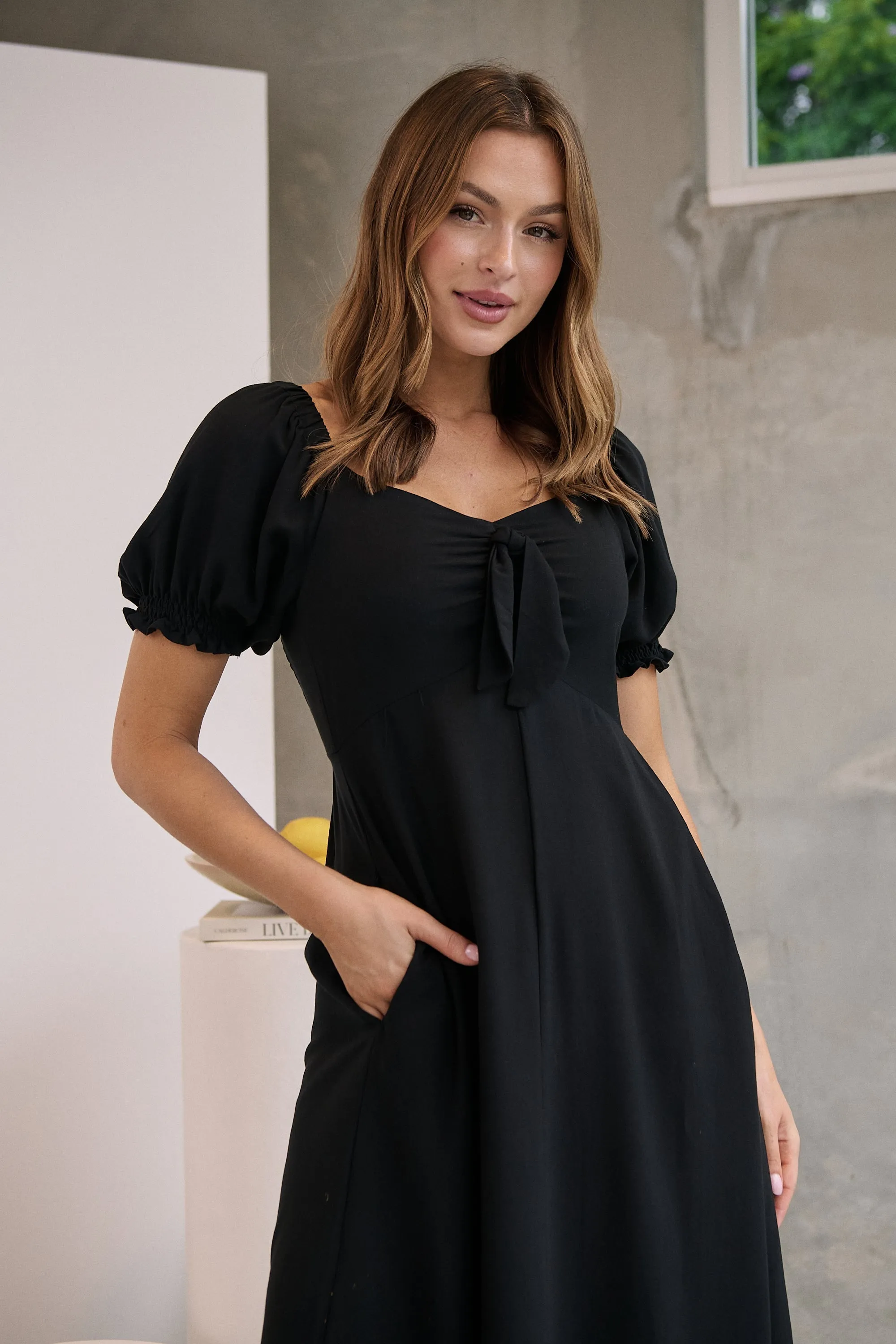 Lulu Tie Front Black Midi Dress