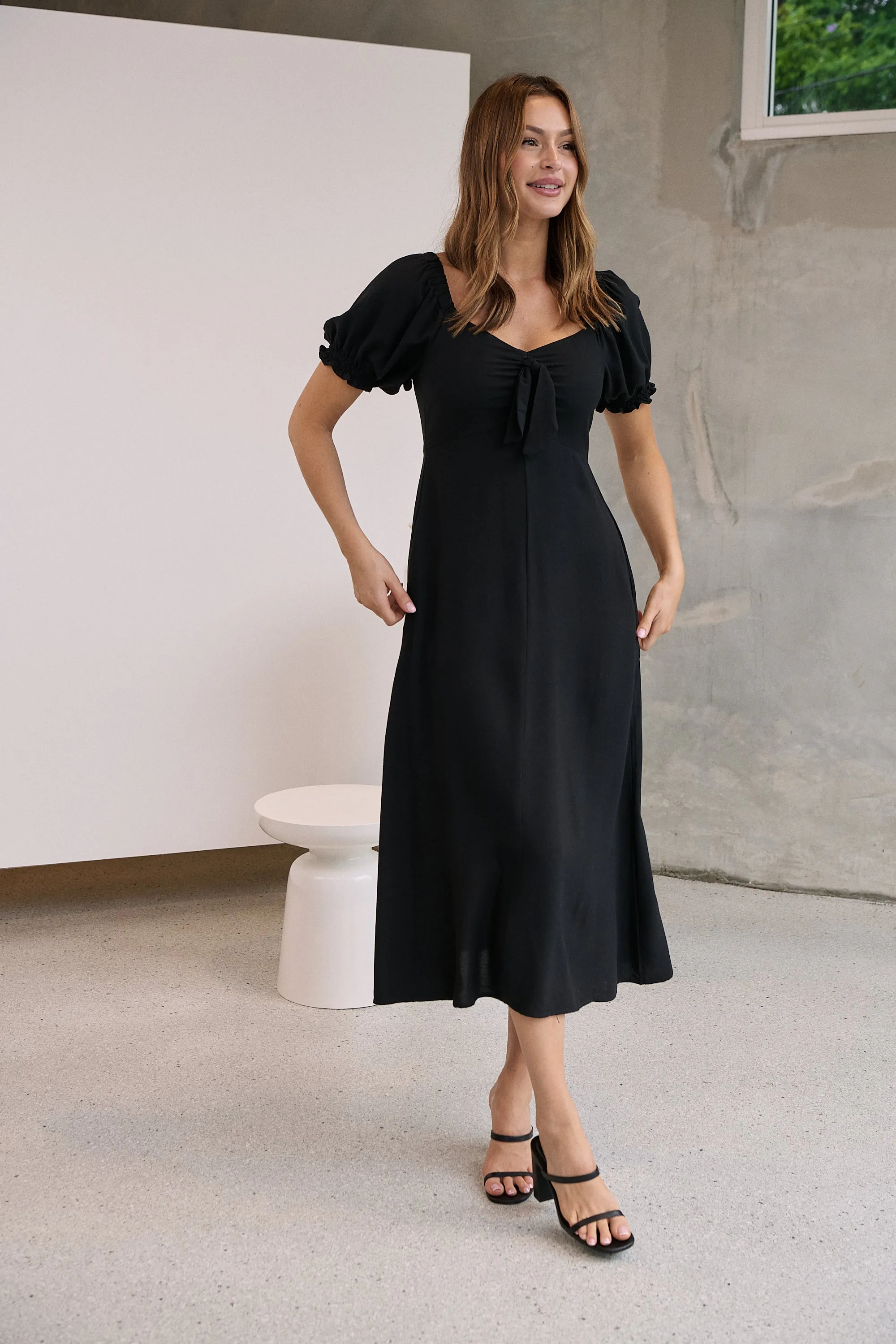 Lulu Tie Front Black Midi Dress
