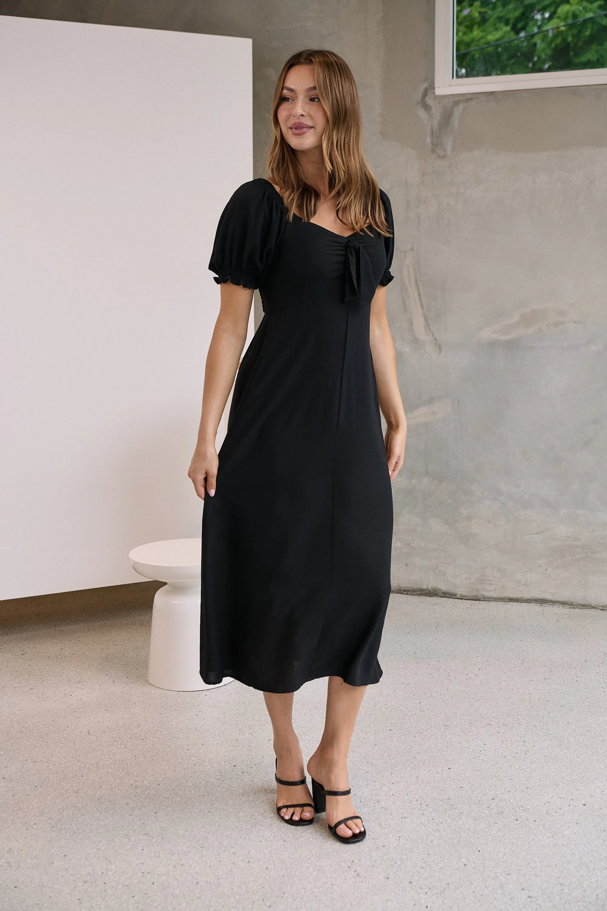 Lulu Tie Front Black Midi Dress