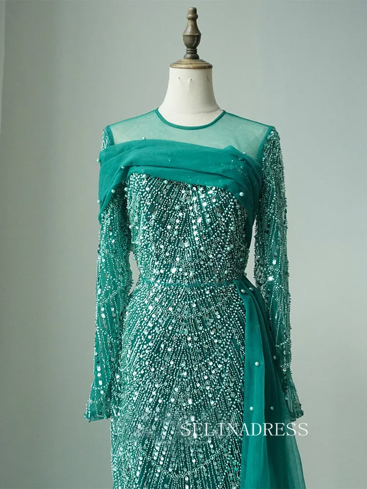 Luxurious Green Arabic Long Sleeves Beaded Long Formal Evening Dress With Skirt ALI0014
