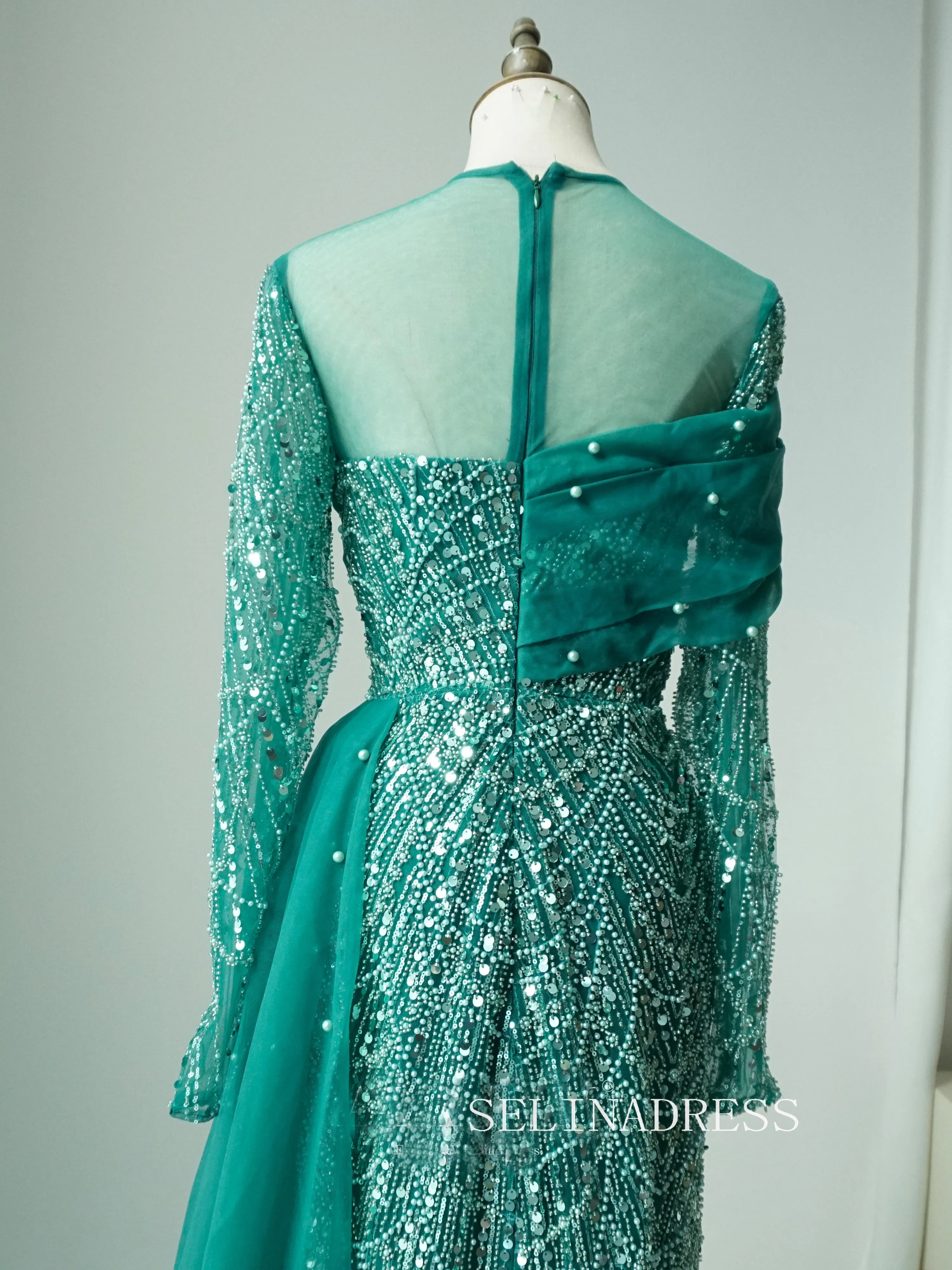 Luxurious Green Arabic Long Sleeves Beaded Long Formal Evening Dress With Skirt ALI0014