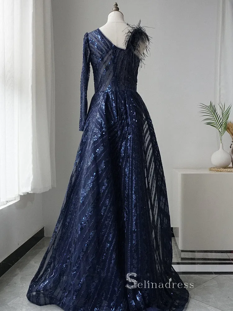 Luxurious Unique Long Sleeve Prom Dress Sparkly Beaded Fashion Long Evening Dresses ASB016