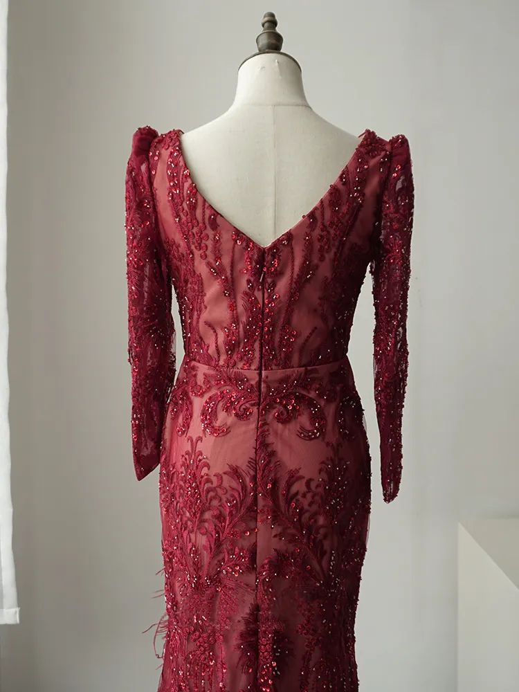 Luxury Mermaid Burgundy Long Prom Dress Beaded Elegant Long Evening Gowns ASB014