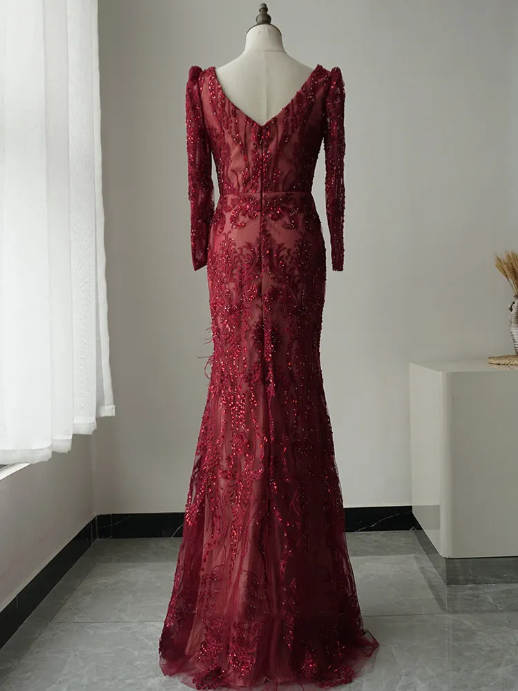 Luxury Mermaid Burgundy Long Prom Dress Beaded Elegant Long Evening Gowns ASB014