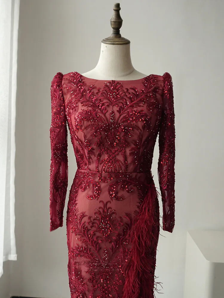 Luxury Mermaid Burgundy Long Prom Dress Beaded Elegant Long Evening Gowns ASB014