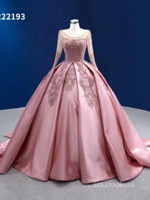 Luxury Scoop Ball Gown Pink Beaded Long Prom Dress Long Sleeve Quincess Dress RSM222193