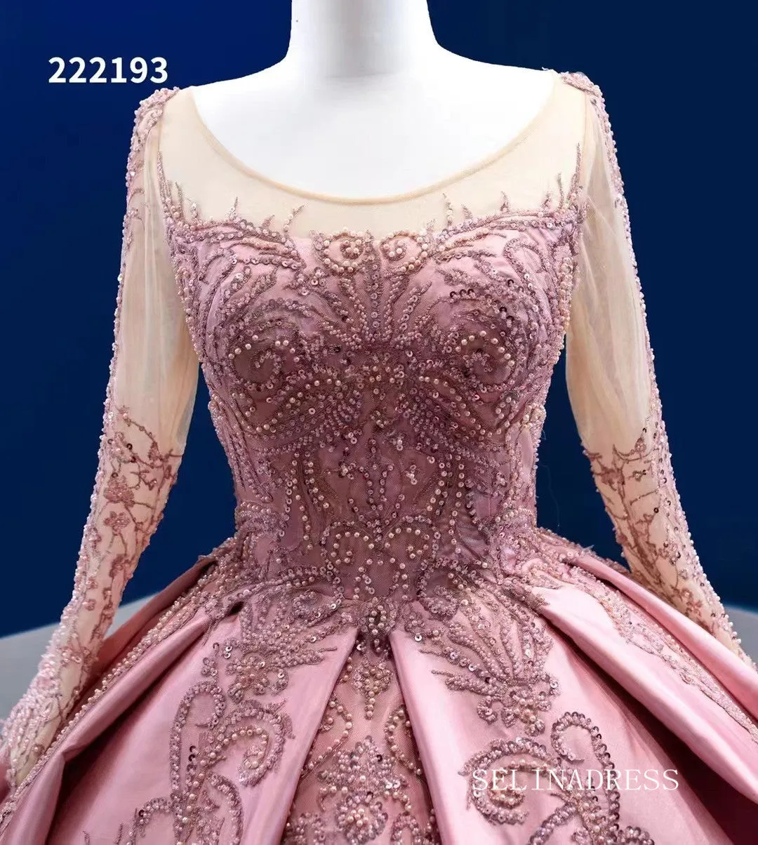 Luxury Scoop Ball Gown Pink Beaded Long Prom Dress Long Sleeve Quincess Dress RSM222193