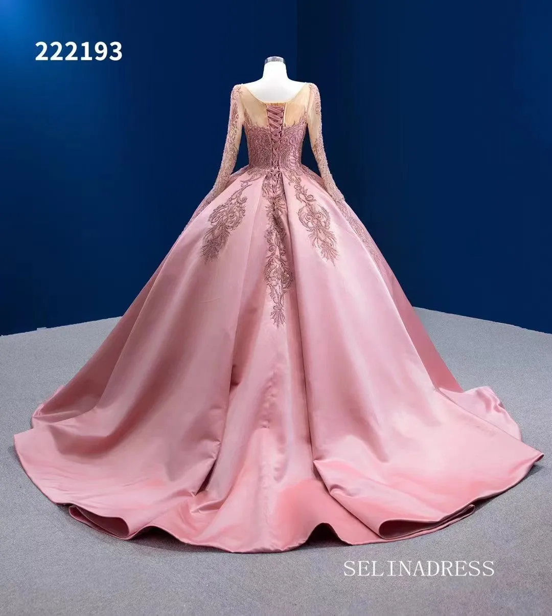 Luxury Scoop Ball Gown Pink Beaded Long Prom Dress Long Sleeve Quincess Dress RSM222193