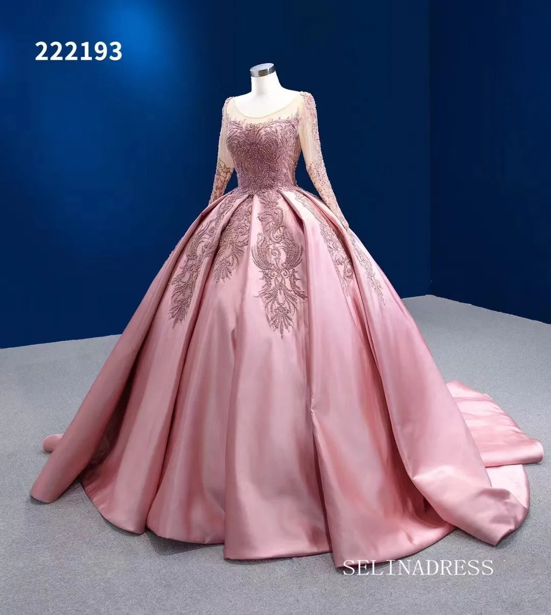 Luxury Scoop Ball Gown Pink Beaded Long Prom Dress Long Sleeve Quincess Dress RSM222193