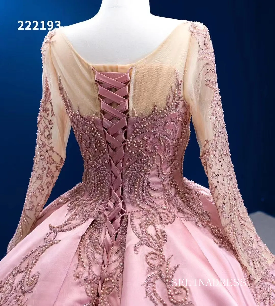 Luxury Scoop Ball Gown Pink Beaded Long Prom Dress Long Sleeve Quincess Dress RSM222193