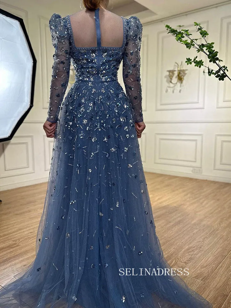 Luxury Square Long Sleeve Prom Dress Beaded Long Evening Gowns A71762A