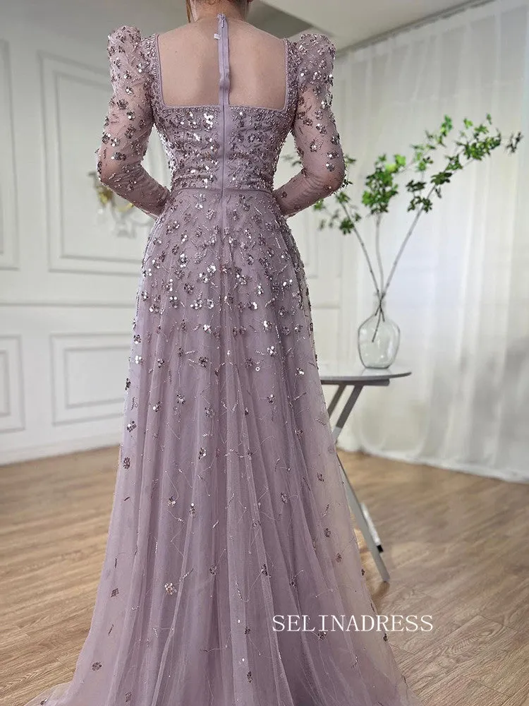 Luxury Square Long Sleeve Prom Dress Beaded Long Evening Gowns A71762A