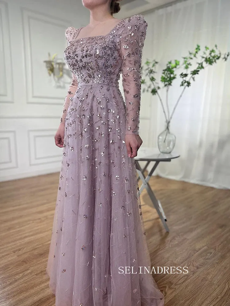 Luxury Square Long Sleeve Prom Dress Beaded Long Evening Gowns A71762A