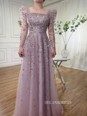 Luxury Square Long Sleeve Prom Dress Beaded Long Evening Gowns A71762A