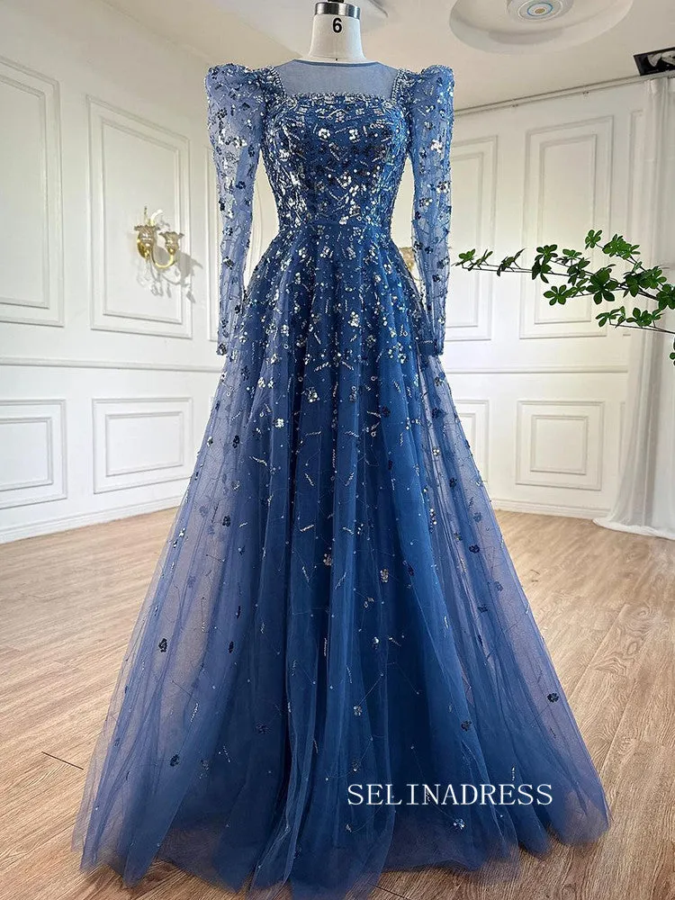 Luxury Square Long Sleeve Prom Dress Beaded Long Evening Gowns A71762A