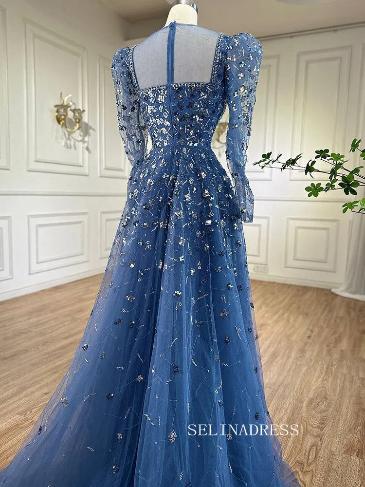 Luxury Square Long Sleeve Prom Dress Beaded Long Evening Gowns A71762A