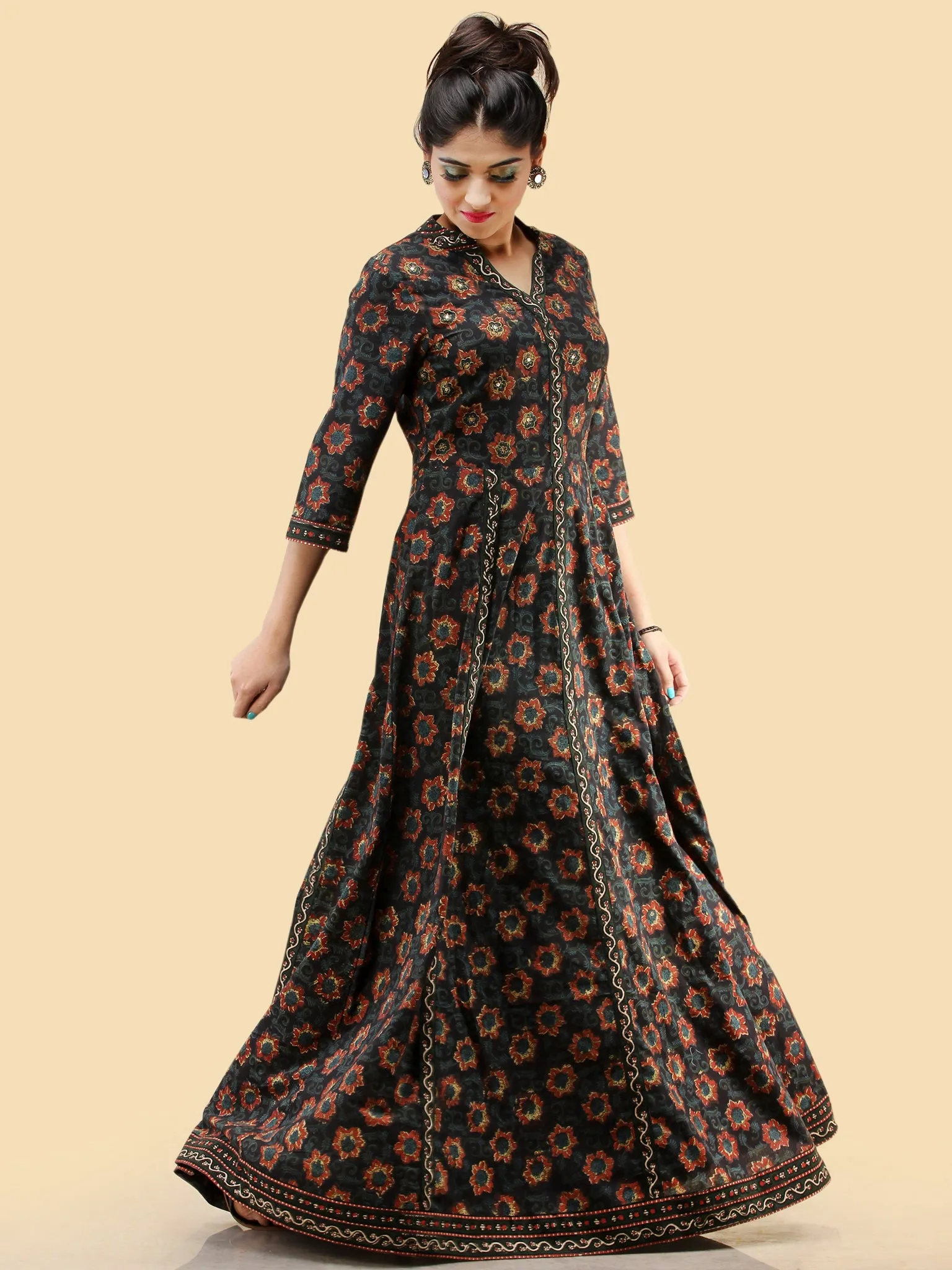 Nazia- Hand Block Printed Long Cotton Dress With Embroidered Yoke - D385F1820