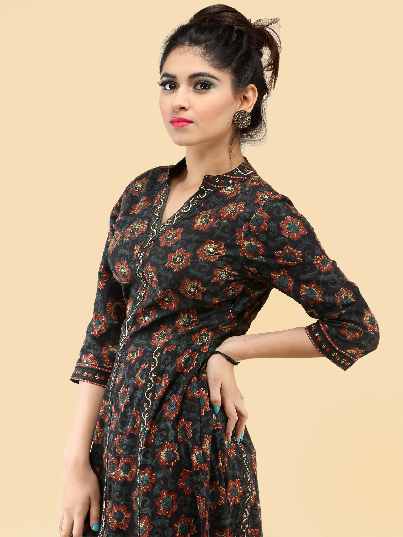 Nazia- Hand Block Printed Long Cotton Dress With Embroidered Yoke - D385F1820