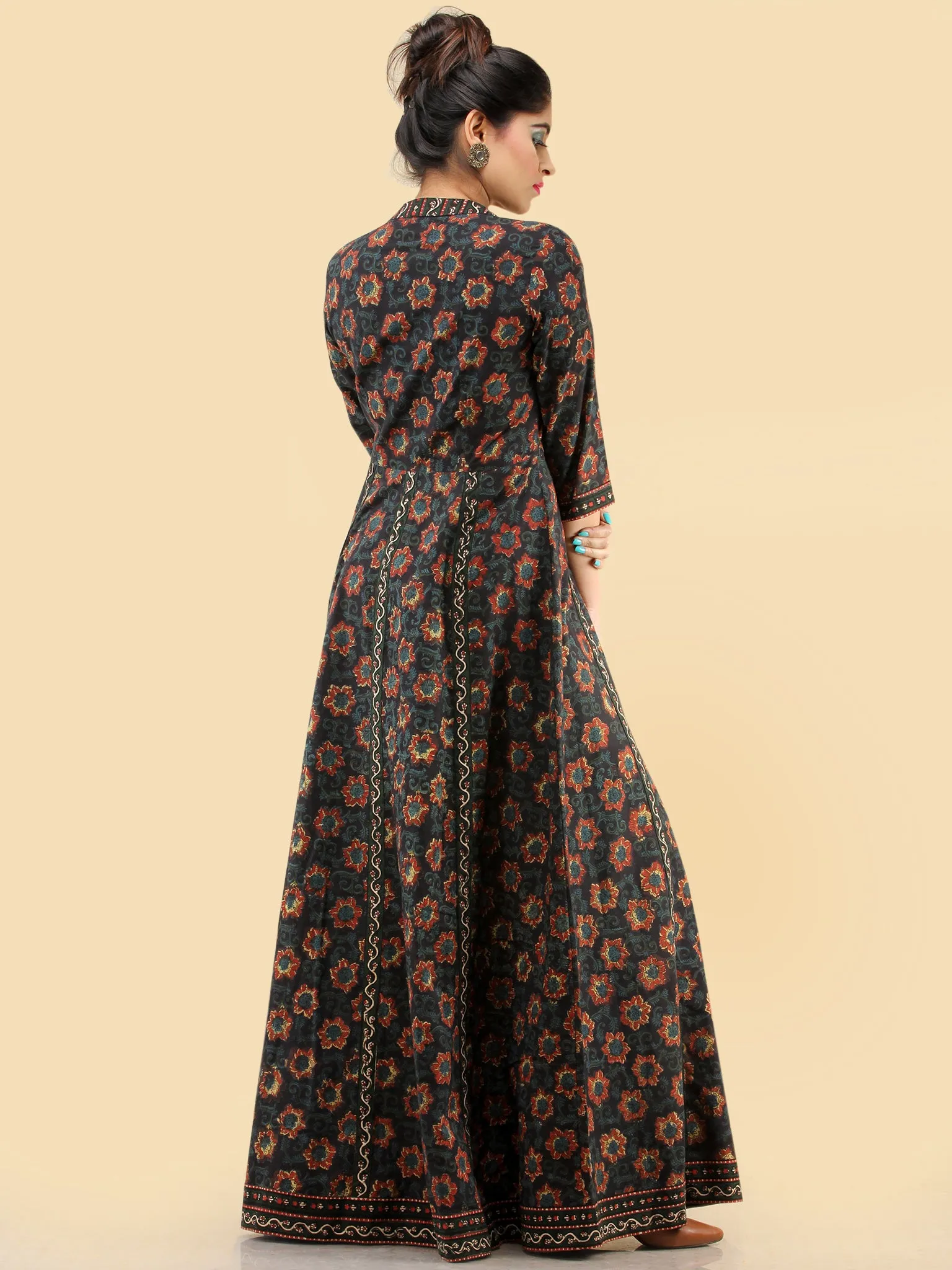 Nazia- Hand Block Printed Long Cotton Dress With Embroidered Yoke - D385F1820