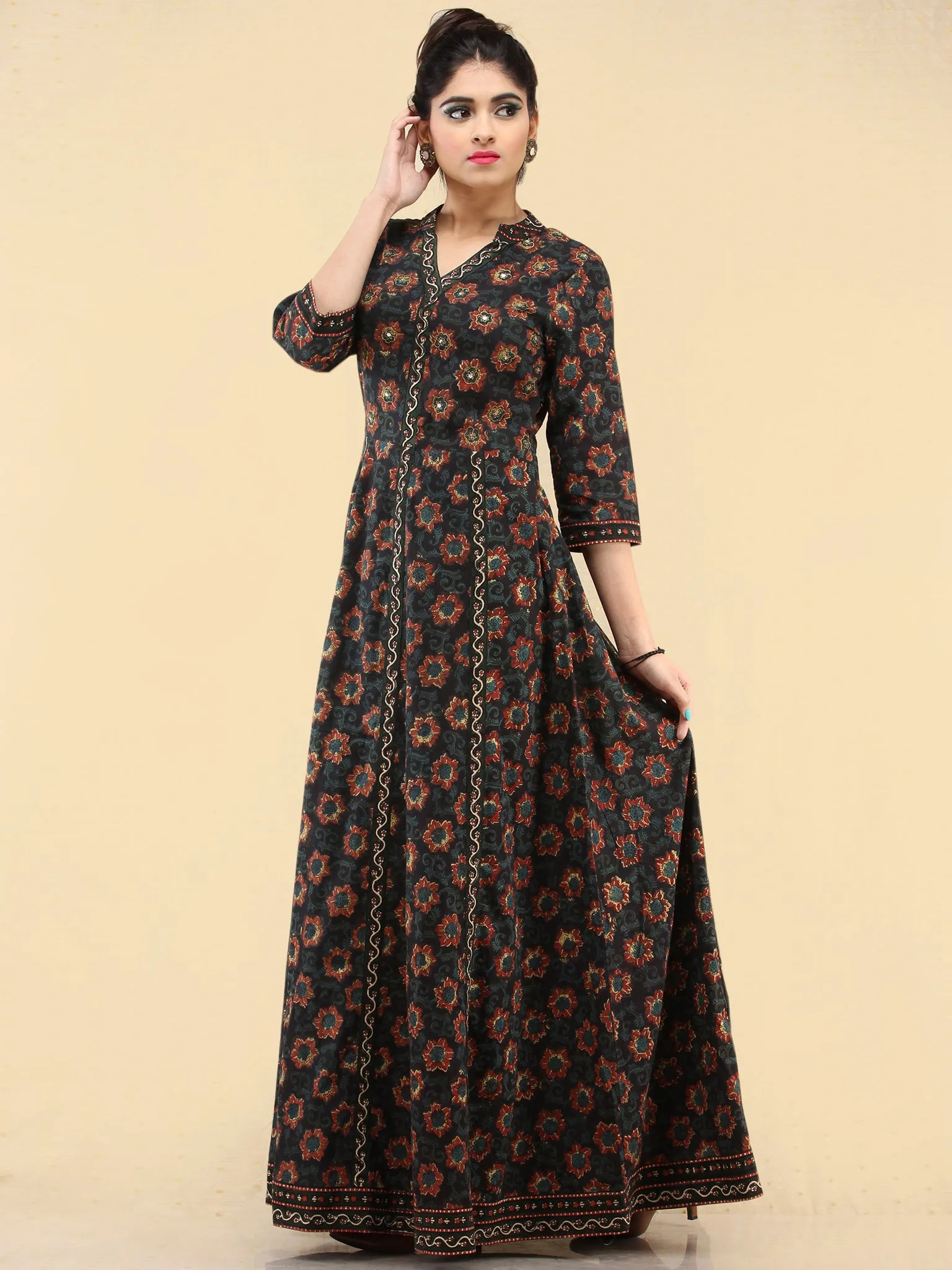 Nazia- Hand Block Printed Long Cotton Dress With Embroidered Yoke - D385F1820