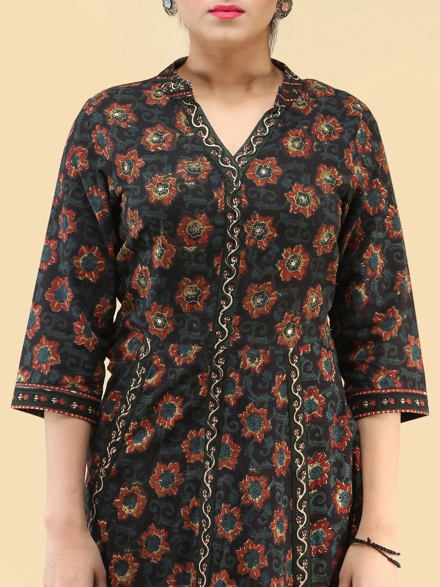 Nazia- Hand Block Printed Long Cotton Dress With Embroidered Yoke - D385F1820