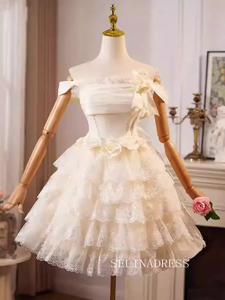 Off-the-shoulder Muti Layered Ruffles Cocktail Dress Lace Homecoming Dresses #ALI0022