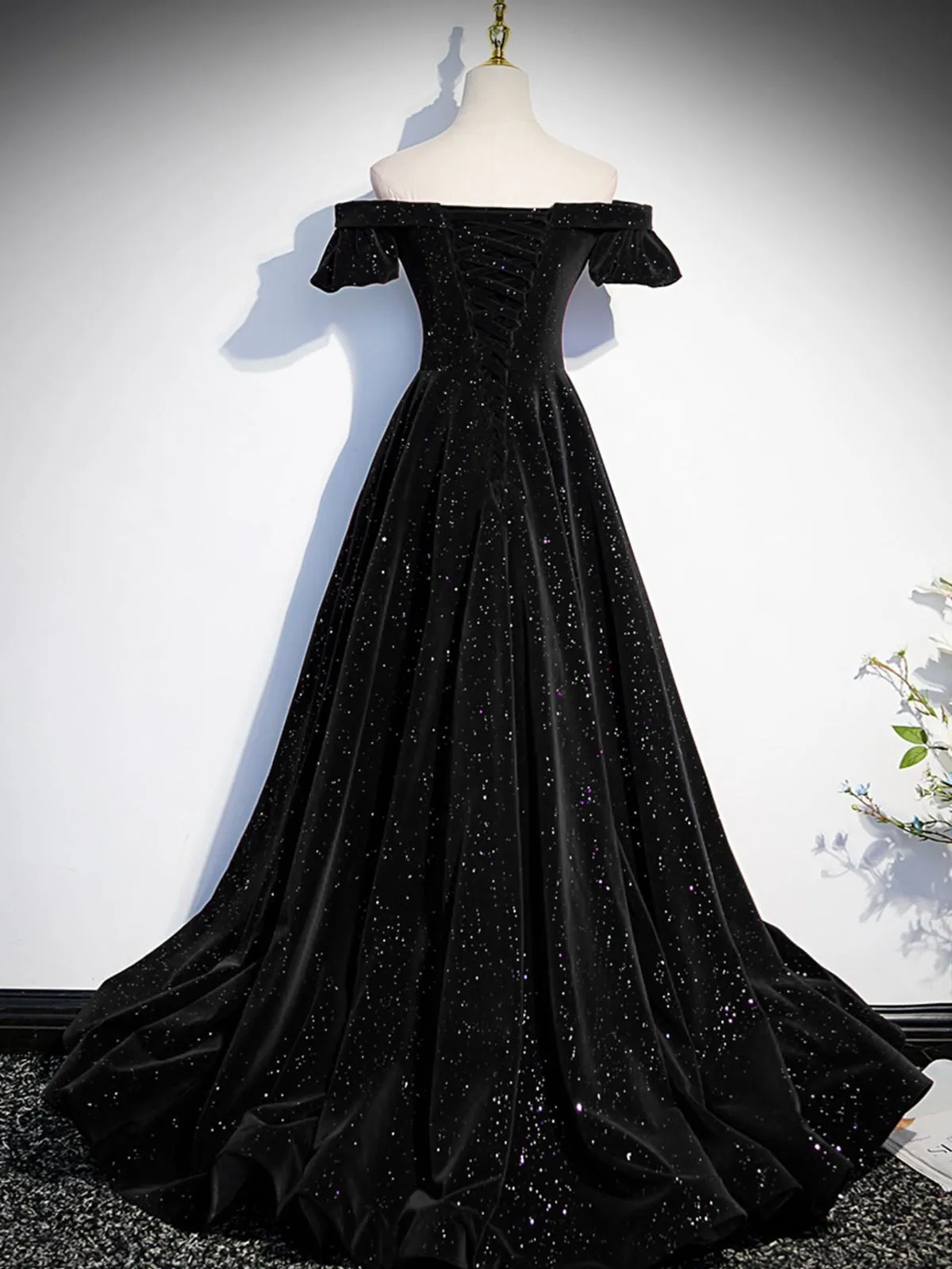 Off the Shoulder Shiny Green Black Long Prom Dresses, Green Black Long Formal Evening Dresses