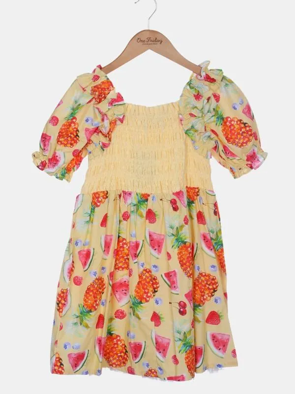 One Friday Yellow Multi Fruit Printed Dress