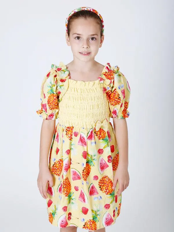 One Friday Yellow Multi Fruit Printed Dress
