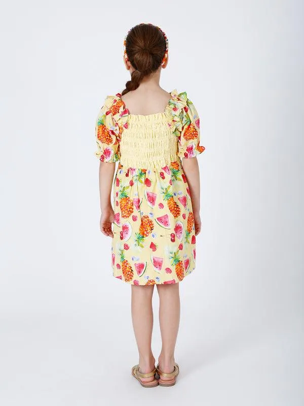 One Friday Yellow Multi Fruit Printed Dress